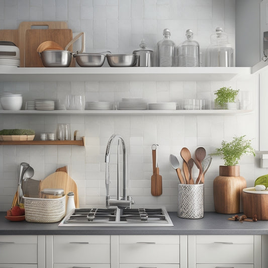 A tidy, L-shaped compact kitchen with a white countertop, featuring a stainless steel utensil organizer, a tiered spice rack, and a wall-mounted knife block, surrounded by gleaming appliances.