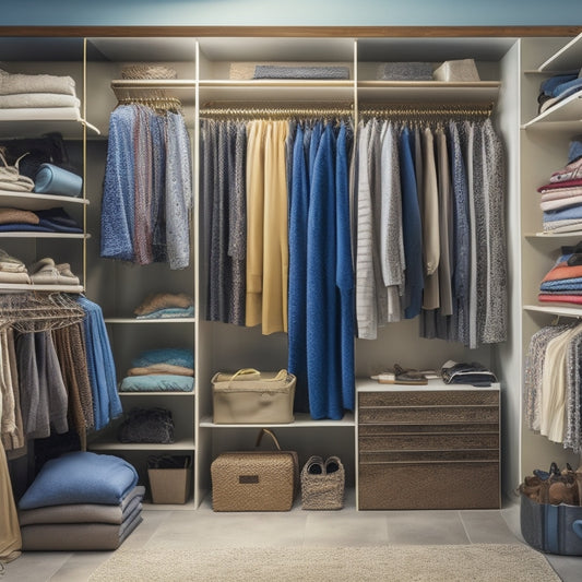 A cluttered closet interior with clothes scattered on the floor, tangled hangers, and overflowing shelves, contrasted with a small, organized section featuring a few neatly arranged outfits on sleek, space-saving rods.