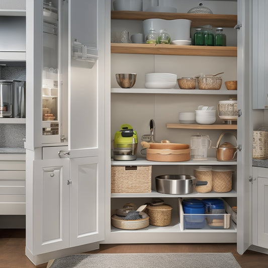 A clutter-free corner kitchen cabinet with a Lazy Susan, stacked baskets, and a pull-out shelf, surrounded by sleek countertops and modern kitchen appliances.