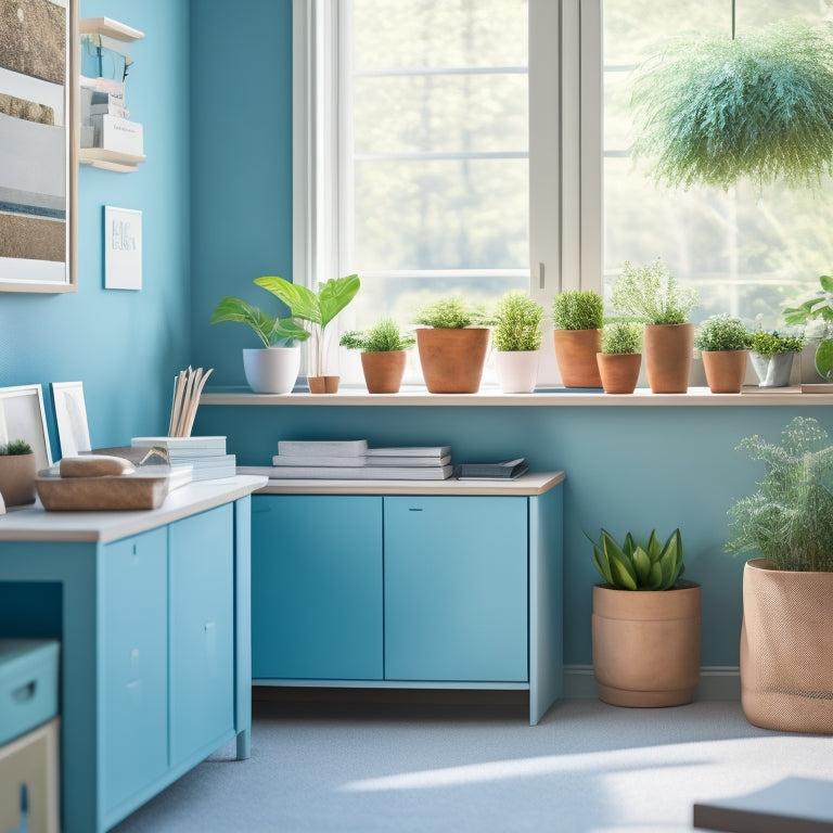 A serene, minimalist room with a tidy desk, labeled storage bins, and a few well-placed plants, surrounded by calming colors like light blue and beige, with soft, natural lighting.