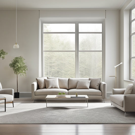 A serene, empty room with a single, low-slung couch in a light gray tone, set against a backdrop of floor-to-ceiling windows filtering soft, natural light, surrounded by plenty of negative space.