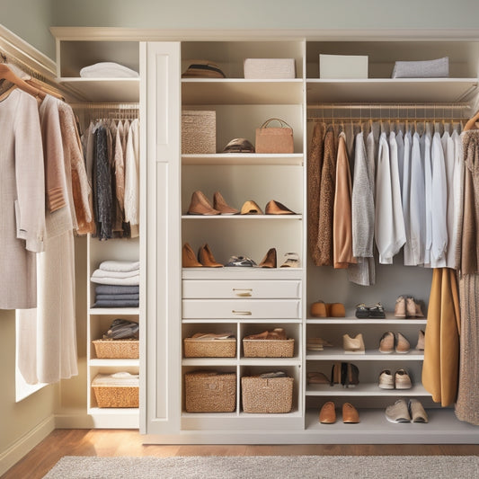 A serene, organized closet with a mix of open shelves, drawers, and hanging rods, featuring a few stylish outfits, shoes, and accessories, bathed in soft, warm natural light.