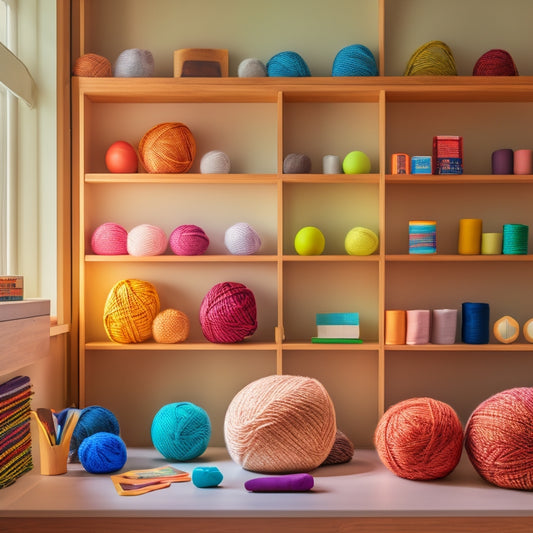 A serene, minimalist workspace with a wooden desk, surrounded by neatly arranged yarn balls in rainbow hues, stored in woven baskets and stacked on wooden shelves.