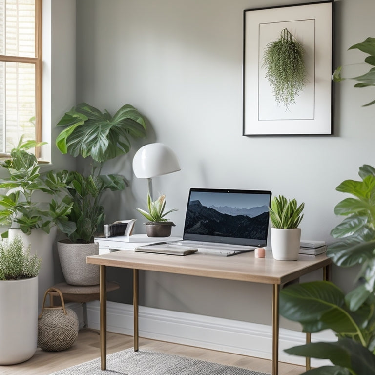 A serene, minimalist home office with a tidy desk, a few neatly labeled folders, and a sleek laptop displaying a clutter-free digital calendar, surrounded by a few potted plants and a subtle, calming background.