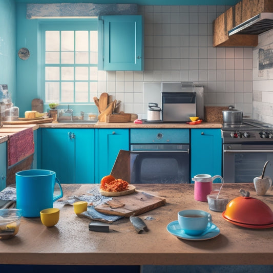 A bright, modern kitchen with a partially demolished wall, scattered renovation tools, and a laptop open on a nearby counter, surrounded by scattered papers and a cup of coffee.