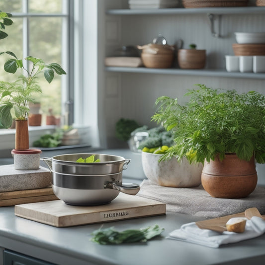 A serene kitchen scene featuring a clutter-free countertop with a few strategically placed, neatly arranged cookbooks, a small potted herb plant, and a single, shiny kitchen utensil.