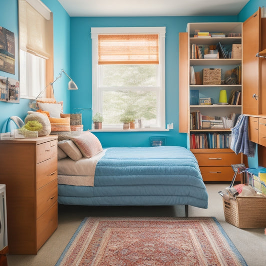 A clutter-free college dorm room with a compact storage bed, stackable plastic bins, and a hanging organizer on the back of a door, surrounded by neatly arranged books and minimal decor.