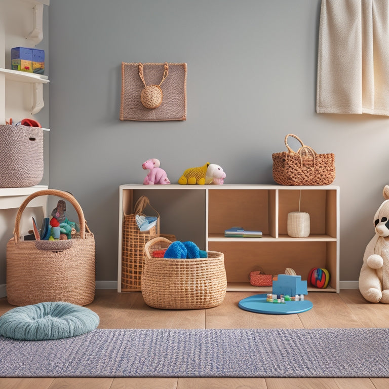 A serene, minimalist playroom with a few toys organized by type on labeled shelves, a woven basket containing blocks, and a small, neatly folded playmat on a hook.