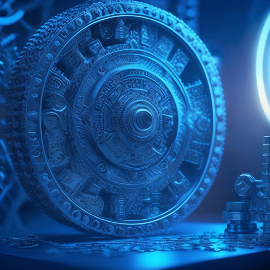 A futuristic, sleek, and modern illustration depicting a single, glowing key unlocking a large, intricate puzzle with multiple interconnected gears, wheels, and cogs, set against a dark blue background.