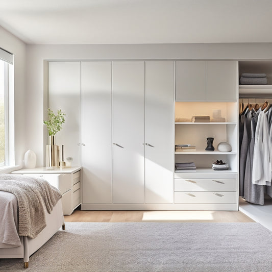 A serene, modern bedroom with a floor-to-ceiling custom closet system featuring sleek, white drawers, adjustable shelves, and a built-in bench, surrounded by soft, natural light and minimalist decor.