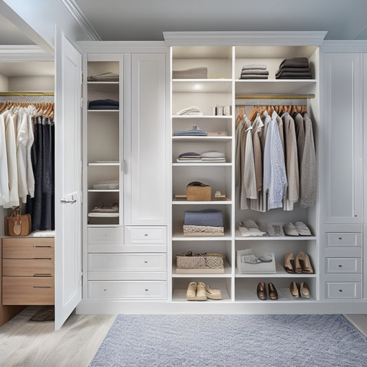 A serene, well-lit walk-in closet with sleek, white shelves and drawers, adjustable rods, and a built-in bench, showcasing various organizational systems and storage solutions.