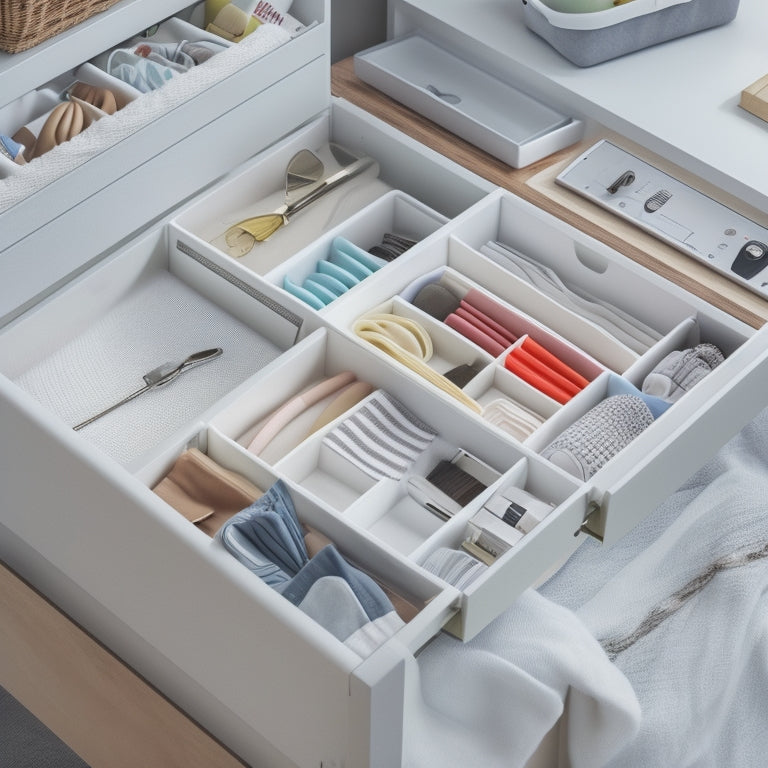 A tidy, white, drawer interior with 3-4 different budget-friendly drawer organizer systems, each filled with assorted household items, showcasing varying levels of organization and clutter control.