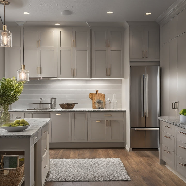 A modern kitchen with sleek, handle-free cabinets, a pull-out pantry, and a utensil organizer on the back of a door, illuminated by a pendant light above a quartz island countertop.