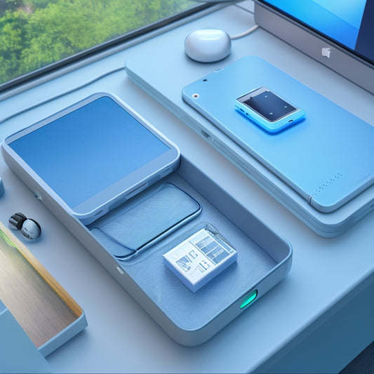 A futuristic, minimalist desk with a sleek, silver charging dock, neatly organized cables, and a compact, transparent storage box containing a smartphone, earbuds, and a portable power bank.