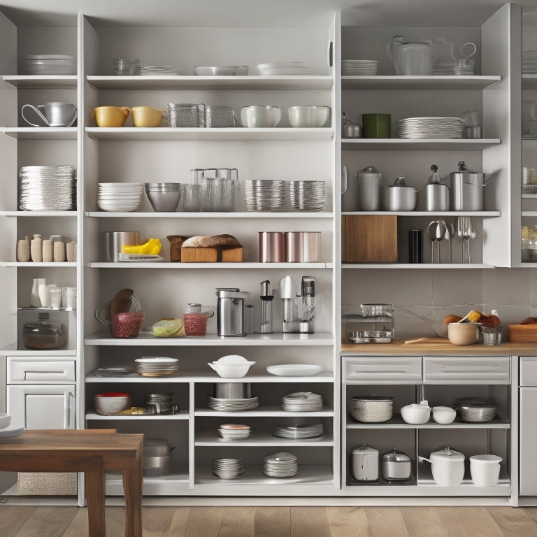 A modern kitchen with adjustable shelves inside cabinets, showcasing varying heights and depths, with sleek silver handles, soft-close drawers, and a mix of cookbooks, dinnerware, and kitchen gadgets neatly organized.