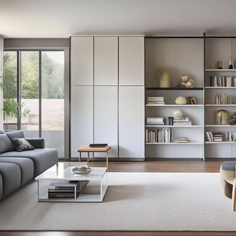 A modern, sleek living room with sliding glass doors, minimalist decor, and a hidden storage system behind a floor-to-ceiling bookshelf that slides open to reveal a tidy, organized space.