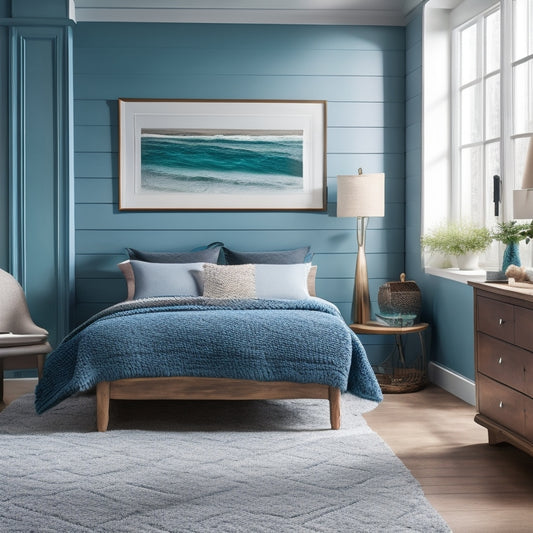 A serene ocean-inspired bedroom scene featuring a navy blue wall, a driftwood-gray dresser, and a plush area rug in shades of seafoam and turquoise, with a surfboard propped against the wall.