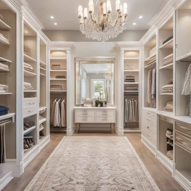 A luxurious walk-in closet with cream-colored cabinetry, crystal chandelier, plush area rug, and a velvet ottoman, surrounded by floor-to-ceiling shelves and racks adorned with designer clothing and accessories.