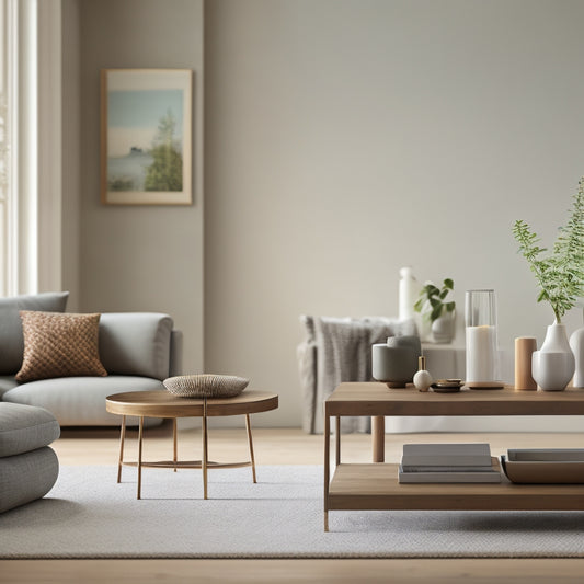 A serene, minimalist living room with a few, carefully selected decorative items on a sleek coffee table, surrounded by empty space, and a subtle hint of a tidy kitchen in the background.