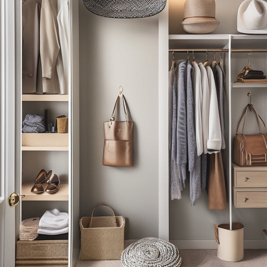 A serene, well-organized closet interior with soft, warm lighting, featuring a mix of wooden and metal shelving, a few stylish outfits on hanging rods, and a few accessories like hats and scarves neatly arranged.