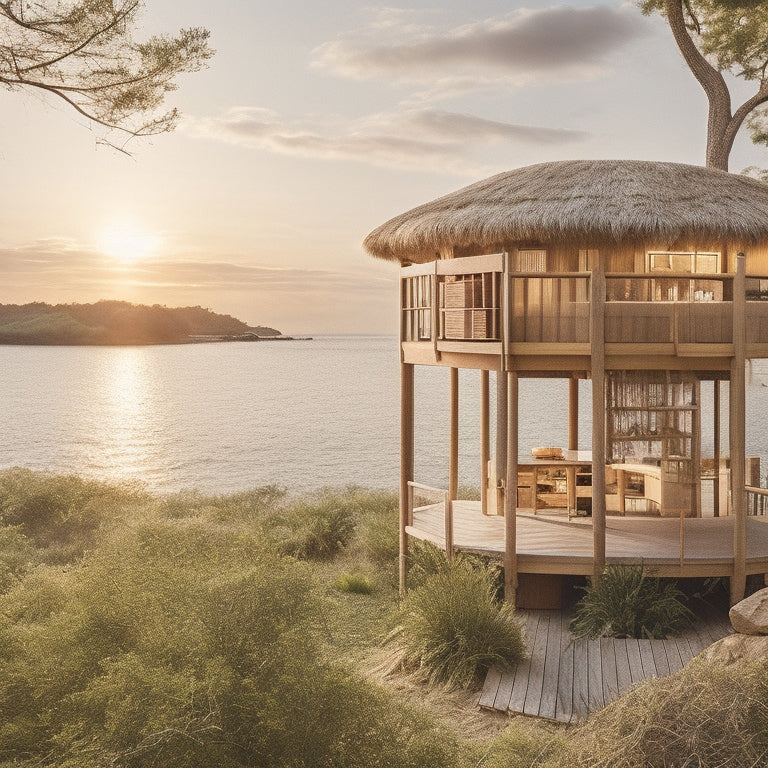 A serene, sun-kissed island with a sleek, modern treehouse at its center, surrounded by a sprawling, multi-level storage system comprising wooden crates, woven baskets, and transparent shelves.