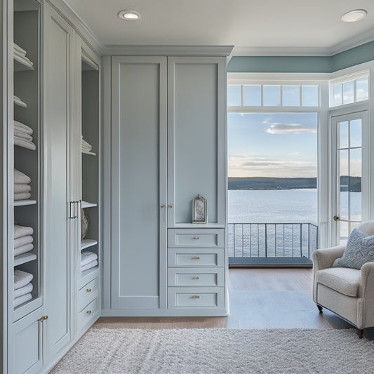 A serene, light-filled closet with soft, creamy walls, a plush area rug, and a calming lake-inspired color palette, featuring custom cabinetry and a stunning Lake Champlain view.