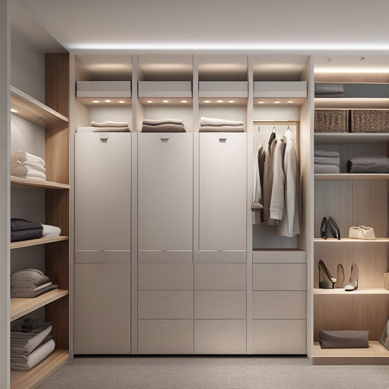 A serene, modern closet interior with floor-to-ceiling shelves, a minimalist island with drawers, and a bespoke storage system featuring soft-close cabinets and a hanging rod with built-in LED lighting.