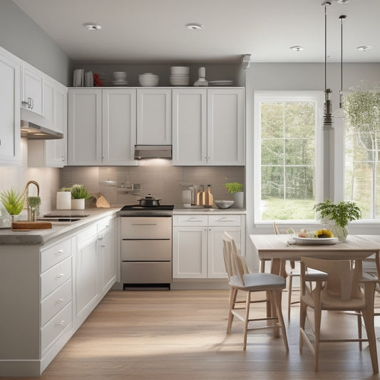 A bright, modern small kitchen with white cabinets, gray countertops, and stainless steel appliances, featuring a large window, a pendant light, and a wooden dining table with two chairs.