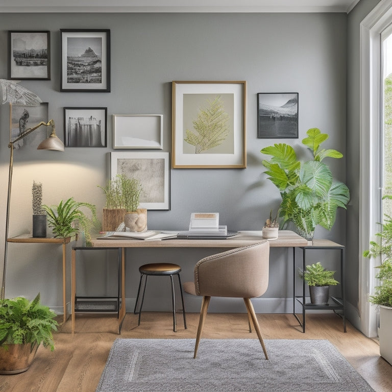 A minimalist, well-lit, and clutter-free home office with a neatly organized desk, a few framed certificates on the wall, and a few decorative plants, with Heather Aiello sitting in a sleek chair.