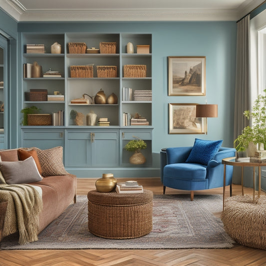 A serene, light-filled living room with bespoke cabinetry, a velvet ottoman with a lift-top storage compartment, and a floor-to-ceiling shelving unit with woven baskets and decorative objects.