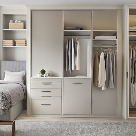 A serene, modern bedroom with a sleek, floor-to-ceiling custom reach-in closet featuring soft-close drawers, adjustable shelves, and a hanging rod with tailored clothes and accessories neatly organized.
