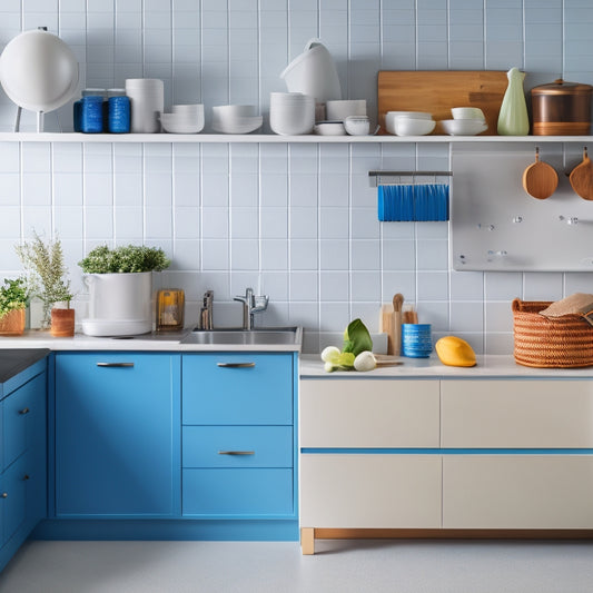 A bright, modern kitchen with sleek countertops, a minimalist utensil holder on the wall, and a set of matching canisters on a shelf, surrounded by a few strategically placed baskets and a small trash can.