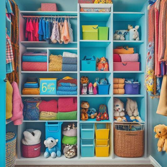 A colorful, tidy closet with a child-sized clothing rack, shelves with stacked storage bins, and a labeled shoe organizer, surrounded by stuffed animals and toys.