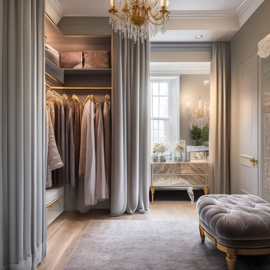 A serene, well-lit closet interior with customized shelving, a velvet-tufted ottoman, and a chic, floor-to-ceiling mirror, surrounded by elegant, draped curtains in a soft, muted color palette.
