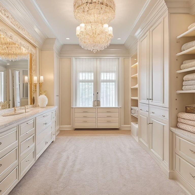 A serene, luxurious walk-in closet with cream-colored cabinets, soft golden lighting, and plush carpeting, featuring a stunning chandelier and a comfortable, cushioned ottoman in the center.