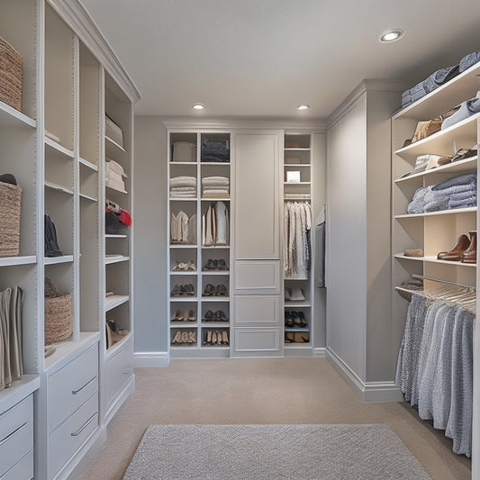 A serene, well-lit reach-in closet with sleek, floor-to-ceiling shelves, soft-close drawers, and a built-in shoe rack, surrounded by calm, light-gray walls and a plush, beige carpet.