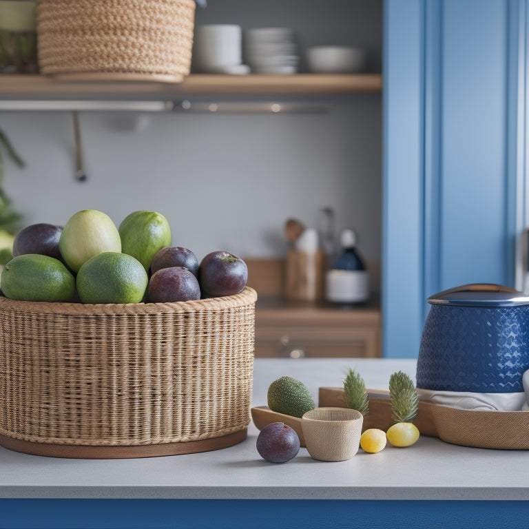 A tidy kitchen counter with a tiered utensil organizer, a wooden knife block, a woven basket containing fresh fruit, and a few strategically placed ceramic canisters in a calming color palette.