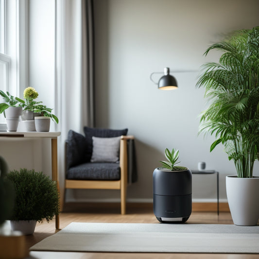 A minimalist living room with a sleek smart speaker, a robot vacuum, and a tablet displaying a home organization app, surrounded by tidy shelves and a few potted plants.