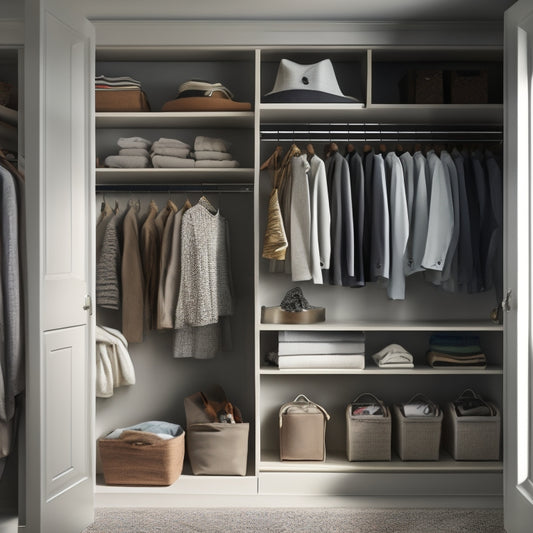 A serene, organized closet interior with soft, warm lighting, featuring a row of neatly hung clothes, a few storage bins, and a single, elegant book lying open on a shelf.