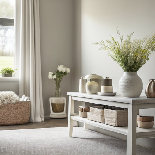 A serene, clutter-free living room with a neutral color palette, featuring a minimalist console table with neatly labeled storage bins, a vase with fresh white flowers, and a few strategically placed decorative objects.