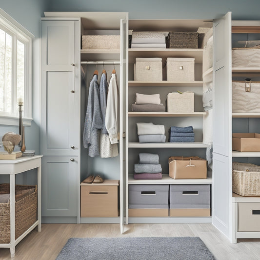 A serene, well-organized closet interior with soft, natural light, featuring a combination of shelves, drawers, and rods in a calming color palette, with a few stylish, kid-friendly storage bins.