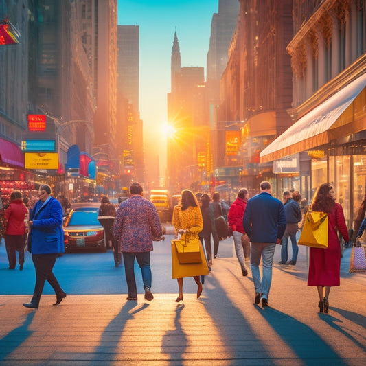 A bustling Seventh Avenue street scene at sunset, with shoppers carrying colorful bags, bright store displays, and a subtle gradient of credit cards and clock gears in the background, blending into a cityscape.