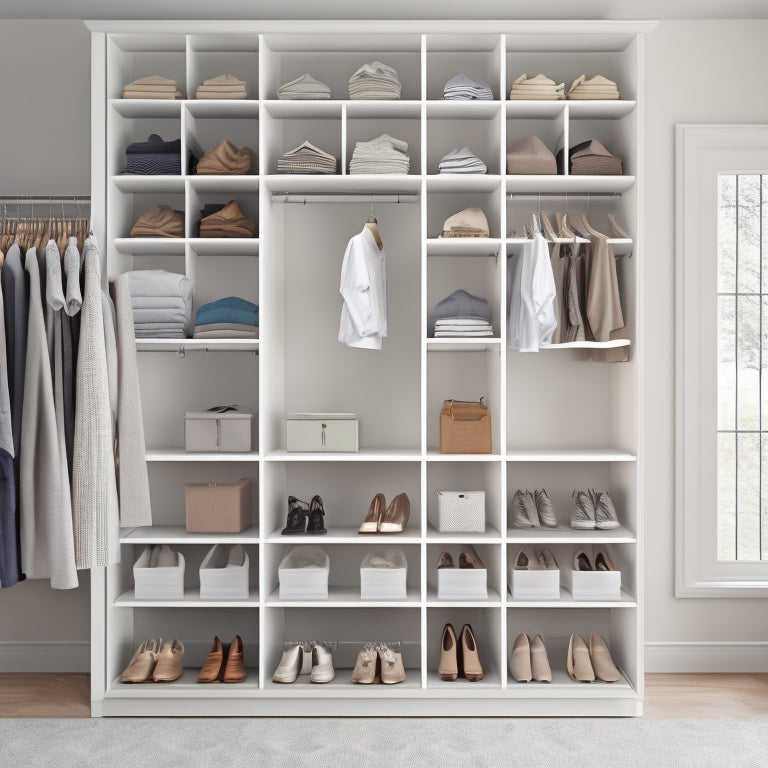A clutter-free, minimalist closet with double-hung rods, stackable shoe cubbies, and a hanging organizer with pockets, set against a calming white background with soft, natural light.