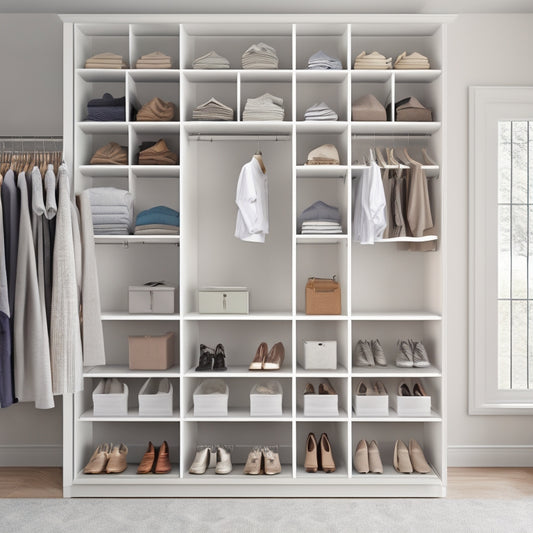 A clutter-free, minimalist closet with double-hung rods, stackable shoe cubbies, and a hanging organizer with pockets, set against a calming white background with soft, natural light.