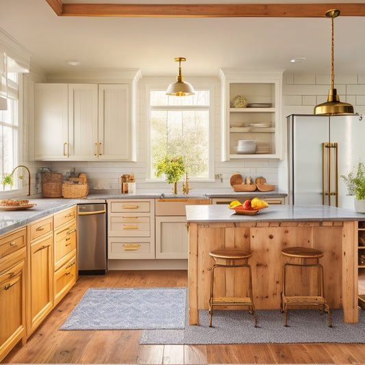 A bright, modern kitchen with worn wooden cabinets refinished in crisp white, paired with new brass hardware, and a kitchen island built from reclaimed wooden crates and topped with a butcher-block surface.