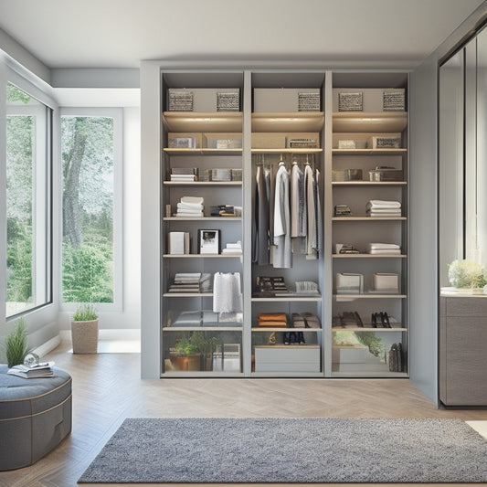 A modern, spacious walk-in closet with a mix of shelves, drawers, and rods, surrounded by a cityscape or botanical garden through floor-to-ceiling windows, with a 3D design software interface on a tablet.