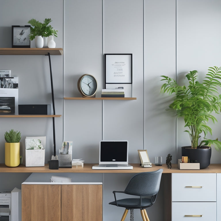 A minimalist, modern workspace with a sleek, ergonomic desk, surrounded by neatly organized shelves and cabinets, with a few, carefully placed, potted plants and a minimalist clock on the wall.