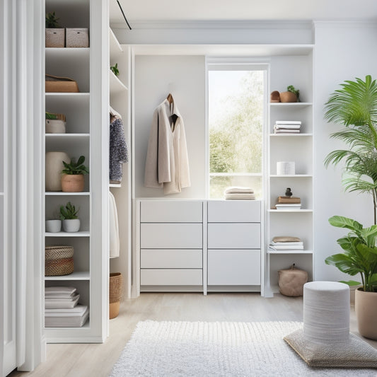 A bright, airy room with a floor-to-ceiling closet featuring sleek, white shelves and a mix of open and closed storage, surrounded by a minimalist decor with a plush area rug and a few potted plants.