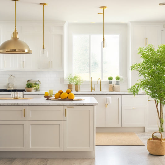 A bright, airy kitchen with gleaming white cabinets, a large island, and a minimalist aesthetic, featuring a few strategically placed decorative items and a single, elegant vase with fresh greenery.