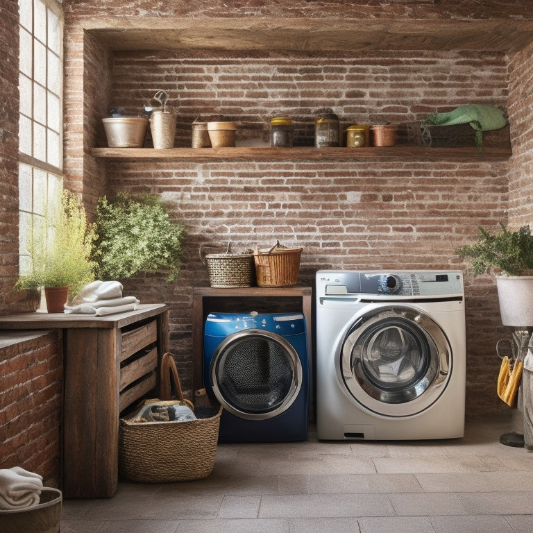 A bright, airy laundry room with repurposed wooden crates, vintage metal baskets, and distressed brick walls, featuring a refurbished washer and dryer wrapped in rustic wooden planks.